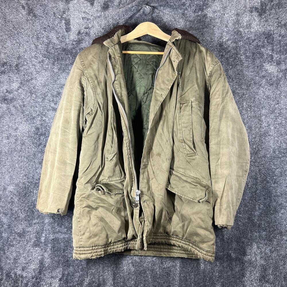 Vintage Canvas Parka Jacket Mens Large Green Quilted Lined Workwear Army Outdoor